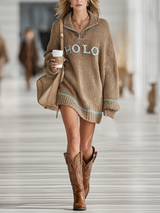 WOMEN'S LOOSE LETTER JACQUARD ZIPPER LAPEL MINI KNIT DRESS MDA1869I5Y