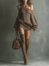 WOMEN'S BROWN OFF-SHOULDER KNIT MINI DRESS MDA1376K0T