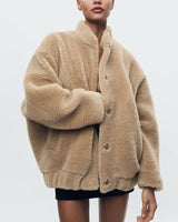 Women's Oversized Teddy Jacket with Button Closure