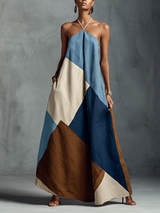 WOMEN'S BOHEMIAN MULTI-COLOR COTTON LINEN BLEND PATCHWORK HALTER MAXI DRESS MDZ1956C4BA
