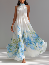 WOMEN'S ELEGANT WHITE PRINTED CHIFFON HALTER-NECK SLEEVELESS MAXI DRESS MDZ1415D5LXY