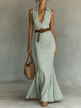 WOMEN'S MINIMALIST STRIPED LINEN-BLEND SINGLE-BREASTED SLEEVELESS BODYCON FISHTAIL MAXI DRESS (BELT NOT INCLUDED)