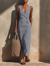 WOMEN'S BLUE-WHITE STRIPED COTTON-BLEND MAXI DRESS WITH BLAZER STYLE & DOUBLE-BREASTED, TIMELESS NAUTICAL CASUAL DRESS