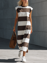 WOMEN'S CASUAL BROWN & WHITE STRETCH-KNIT MAXI DRESS — CREW NECK, SLEEVELESS