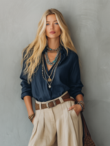 WOMEN'S CASUAL NAVY BLUE COTTON-LINEN LONG-SLEEVE PULLOVER SHIRT PAIRED