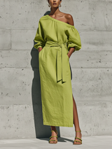 WOMEN’S LIME GREEN LINEN-BLEND OFF-THE-SHOULDER PUFF SLEEVE TIE WAIST MIDI DRESS WITH SIDE SLIT MDZ1150F0T