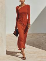 WOMEN'S SOLID RUST-RED ASYMMETRIC RUCHED LONG-SLEEVE MAXI DRESS MDZ2068G3ZRK