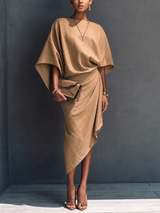 WOMEN'S MODERN MINIMALIST KHAKI LINEN BLEND DRAPED ASYMMETRIC SHORT SLEEVE MIDI DRESS MDZ0344G8GMJ