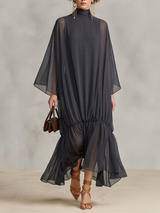 WOMEN'S DARK GRAY SHEER CHIFFON MAXI DRESS WITH TURTLENECK CAPE BATWING SLEEVES & RUCHED RUFFLE HEM, MINIMALIST ELEGANT OVERSIZED FLOWY MAXI DRESS