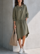 WOMEN'S CASUAL WORKWEAR STYLE ARMY GREEN COTTON BLEND LAPEL LONG SLEEVE DRAWSTRING WAIST MIDI DRESS