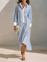 WOMEN'S BLUE & WHITE VERTICAL STRIPE COTTON-LINEN SHIRT DRESS WITH CONTRAST CUFFS