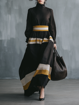 WOMEN'S MINIMALIST COLOR-BLOCK LINEN-BLEND LONG-SLEEVE MAXI DRESS WITH MOCK NECK