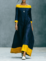 WOMEN'S MINIMALIST COLOR-BLOCK LINEN-BLEND MAXI DRESS WITH CREW NECK AND THREE-QUARTER SLEEVES