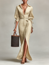 WOMEN'S LIGHT KHAKI BREATHABLE LINEN MAXI DRESS WITH LANTERN TIE SLEEVES & WRAP WAIST SILHOUETTE, VERSATILE BEACH VACATION FITTED MAXI DRESS