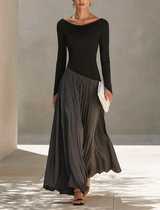 WOMEN'S MINIMALIST TWO-TONE COLOR-BLOCK MAXI DRESS WITH DRAPE NECKLINE