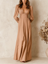 WOMEN'S ELEGANT PINK DEEP V-NECK PUFF-SLEEVE CINCHED-WAIST FLOWING CHIFFON MAXI DRESS MDZ0941G7CMX