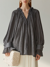 WOMEN'S DARK GREY PLEATED CHIFFON BLOUSE WITH RUFFLED V TIE NECK & CONTRAST CUFF LANTERN SLEEVES, ELEGANT LOOSE CASUAL LONG SLEEVE BLOUSE