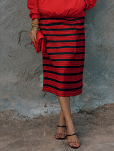 WOMEN'S RETRO VACATION RED BLACK STRIPE COTTON BLEND STRAIGHT MIDI SKIRT MDZ1479G1GMJ