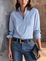 WOMEN'S CLASSIC COMMUTER BLUE WHITE COTTON BLEND STRIPED PLEATED POCKET BUTTON-DOWN SHIRT