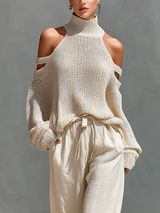 WOMEN’S BEIGE OPENWORK KNIT COLD SHOULDER HIGH NECK SWEATER