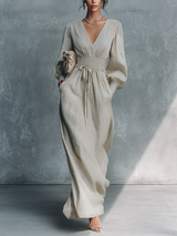 WOMEN'S BEIGE COTTON LINEN STRIPED V-NECK SHIRRED WAIST MAXI DRESS MDZ0361C4BA