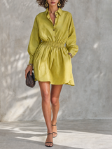 WOMEN'S CHIC LIME GREEN SATIN COLLARED BUTTON-FRONT LONG SLEEVE ELASTIC WAIST MINI SHIRT DRESS MDZ0720G0ZSQ