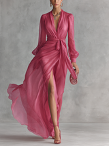 WOMEN'S ELEGANT ROSE PINK PEARL CHIFFON V-NECK TIE-WAIST LONG DRESS MDZ1925A7BA