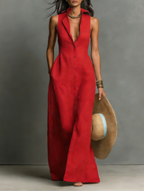 WOMEN'S MINIMALIST LINEN-BLEND COLLARED SINGLE-BREASTED SLEEVELESS MAXI SHIRT DRESS MDZ1011C0Y