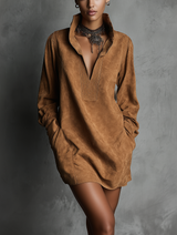 WOMEN'S V-NECK SUEDE EMBOSSED LONG-SLEEVED CASUAL DRESS MDA0483K5AN