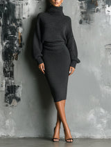 WOMEN'S CHARCOAL CHIC KNIT TURTLENECK OVERSIZED KNIT MIDI DRESS MDA1624J6I