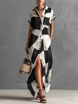 WOMEN'S COTTON AND LINEN BLEND IRREGULAR GEOMETRIC PRINT LAPEL SINGLE-BREASTED SHORT-SLEEVED MAXI SHIRT DRESS MDA1689G1Y