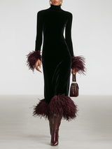 WOMEN'S MINIMALIST VELVET PATCHWORK FAUX OSTRICH FEATHER CUFFS AND HEM MAXI DRESS MDA1174J9Y