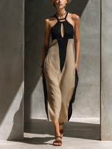 WOMEN'S BLACK AND BEIGE COTTON BLEND HALTER NECK MIDI DRESS WITH KEYHOLE CUTOUT & COLOR BLOCK DESIGN MDZ1027C7T