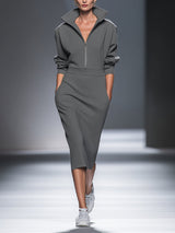 WOMEN'S CASUAL COTTON POLYESTER HALF ZIP MIDI DRESS MDA0570H1I