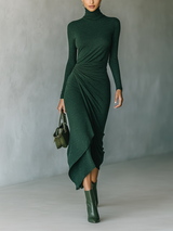 WOMEN'S DARK GREEN HIGH-ELASTIC KNITTED HIGH-NECK WRAP DRESS MIDI DRESS MDA2023J2T