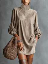 WOMEN'S MINIMALIST LOOSE-FITTING FAUX SUEDE HIGH-NECK MINI DRESS MDA2423K1Y