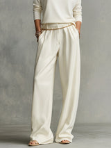 WOMEN'S CREAM TAILORED WIDE-LEG PANTS WITH DRAPED SILHOUETTE & BELT LOOPS, CONTEMPORARY EFFORTLESS-CHIC STYLE PANTS MDA1509K4I