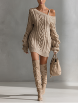 WOMEN'S BEIGE CABLE KNIT OFF-THE-SHOULDER FASHION MINI DRESS MDA1314J6T