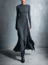 WOMEN'S GRAY EXQUISITE STRETCH BLENDED FABRIC WRAP DRESS - KNOTTED MAXI DRESS MDA1401H9I