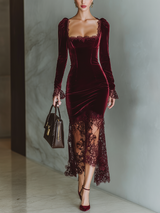 WOMEN'S BURGUNDY VELVET LACE FITTED MAXI DRESS MDA1190J4T