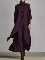 WOMEN'S PLUM DRAPED COTTON-BLEND JERSEY ELEGANT TURTLENECK EMBROIDERED MAXI DRESS MDA1202K8I