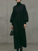 WOMEN'S MODERN BLACK TURTLENECK PUFF-SLEEVE SWEATSHIRT MAXI DRESS MDA1503L6AU