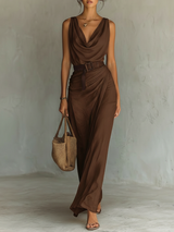 WOMEN'S MINIMALIST COWL NECK SLEEVELESS BELTED MAXI DRESS MDZ1262A0Y