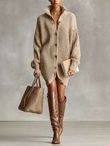 WOMEN'S CAMEL ELEGANT BUTTON - FRONT OVERSIZED MINI CARDIGAN DRESS MDA1086J2I