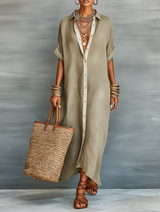 WOMEN'S MINIMALIST LINEN BLEND SHORT-SLEEVED SHIRT MAXI DRESS MDZ0647A2Y