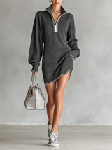 WOMEN'S FASHION LOOSE KNIT WHITE TRIM ZIPPER POLO NECK MINI DRESS MDA0774H6Y
