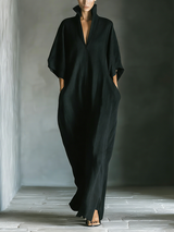 WOMEN'S BLACK COTTON BLEND FABRIC OVERSIZED KIMONO-SLEEVE MAXI DRESS WITH POCKETS MDZ0577A3T
