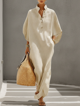 WOMEN'S OATMEAL LINEN DRESS WITH MANDARIN COLLAR & DOLMAN SLEEVES, TIMELESS RESORT-CASUAL STYLE DRESS MDZ0552B1I