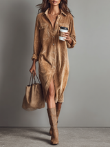 WOMEN'S LOOSE CORDUROY DOUBLE CHEST POCKET SINGLE BREASTED MIDI DRESS MDA0295I8Y