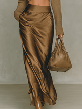 WOMEN'S FASHIONABLE GOLD-BROWN SATIN MIDI SKIRT MDA2258L9AN